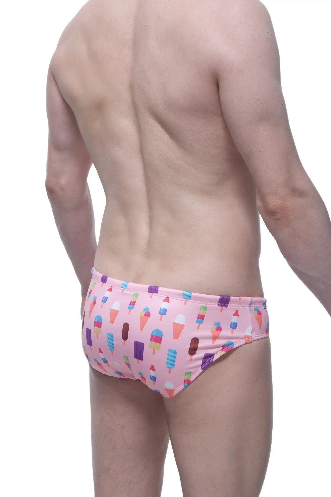 Pink swim brief with colorful ice cream cone and popsicle pattern perfect for fun summer swimwear