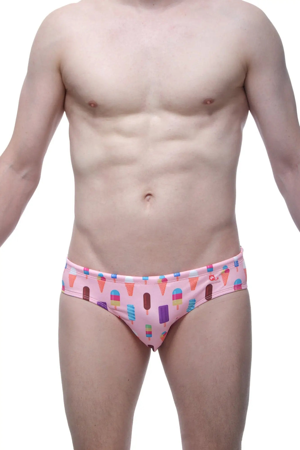 Pink swim brief popsicle featuring colorful ice cream and popsicle patterns perfect for summer beachwear