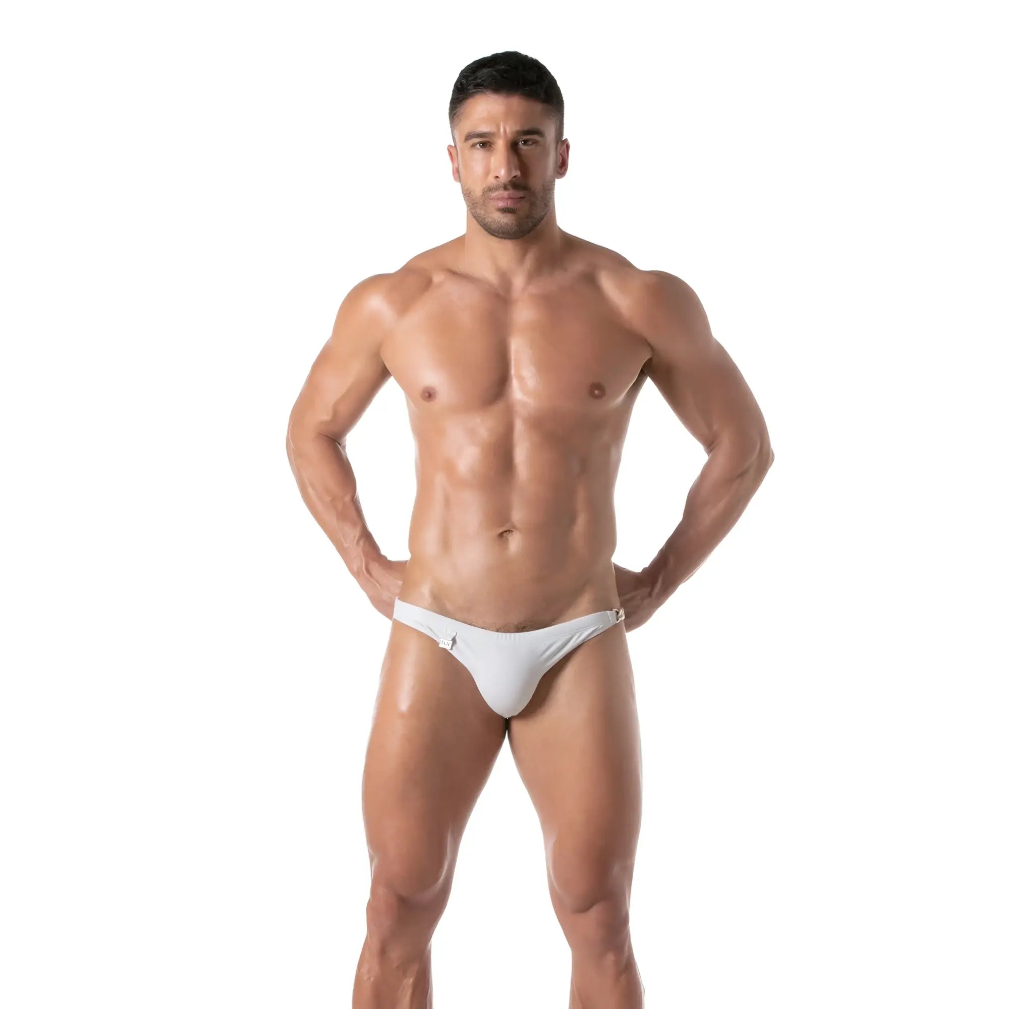 White swim chain brief athletic briefs with sleek minimalist design and subtle side fastenings
