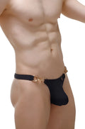 Black men’s swim thong conguel recycled black with gold-tone metal horsebit-style hardware front view
