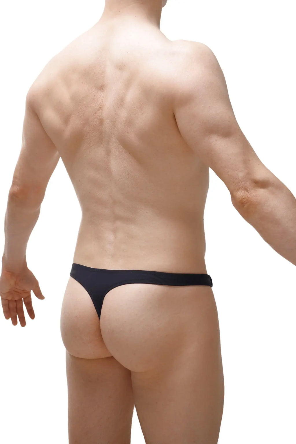 Black swim thong made from recycled material shown from the back for sustainable beachwear use