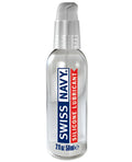 Clear glass bottle with silver pump dispenser containing swiss navy silicone lubricant for long-lasting use