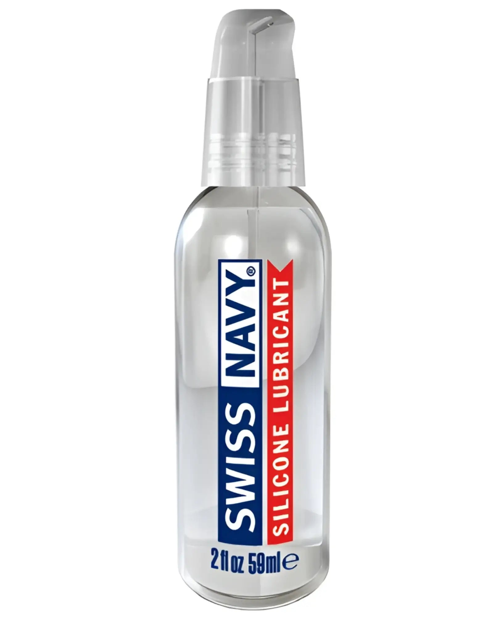 Clear glass bottle with silver pump dispenser containing swiss navy silicone lubricant for long-lasting use