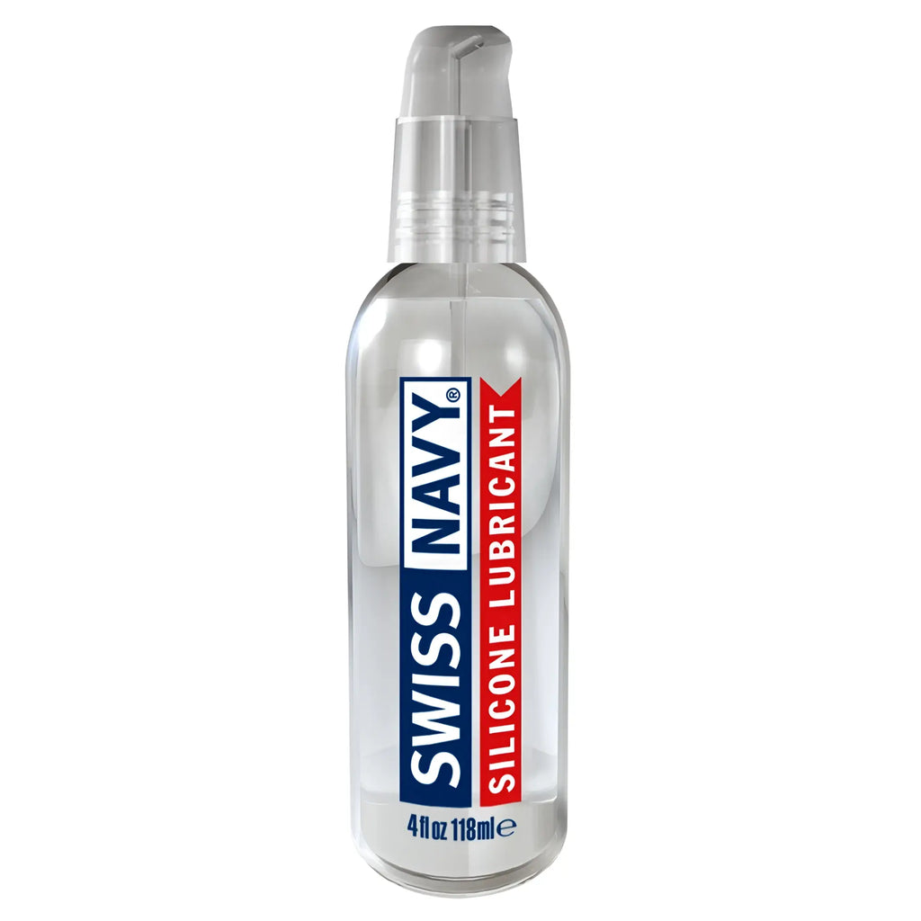 Clear glass bottle with transparent pump labeled swiss navy silicone lubricant in blue and red text for smooth use