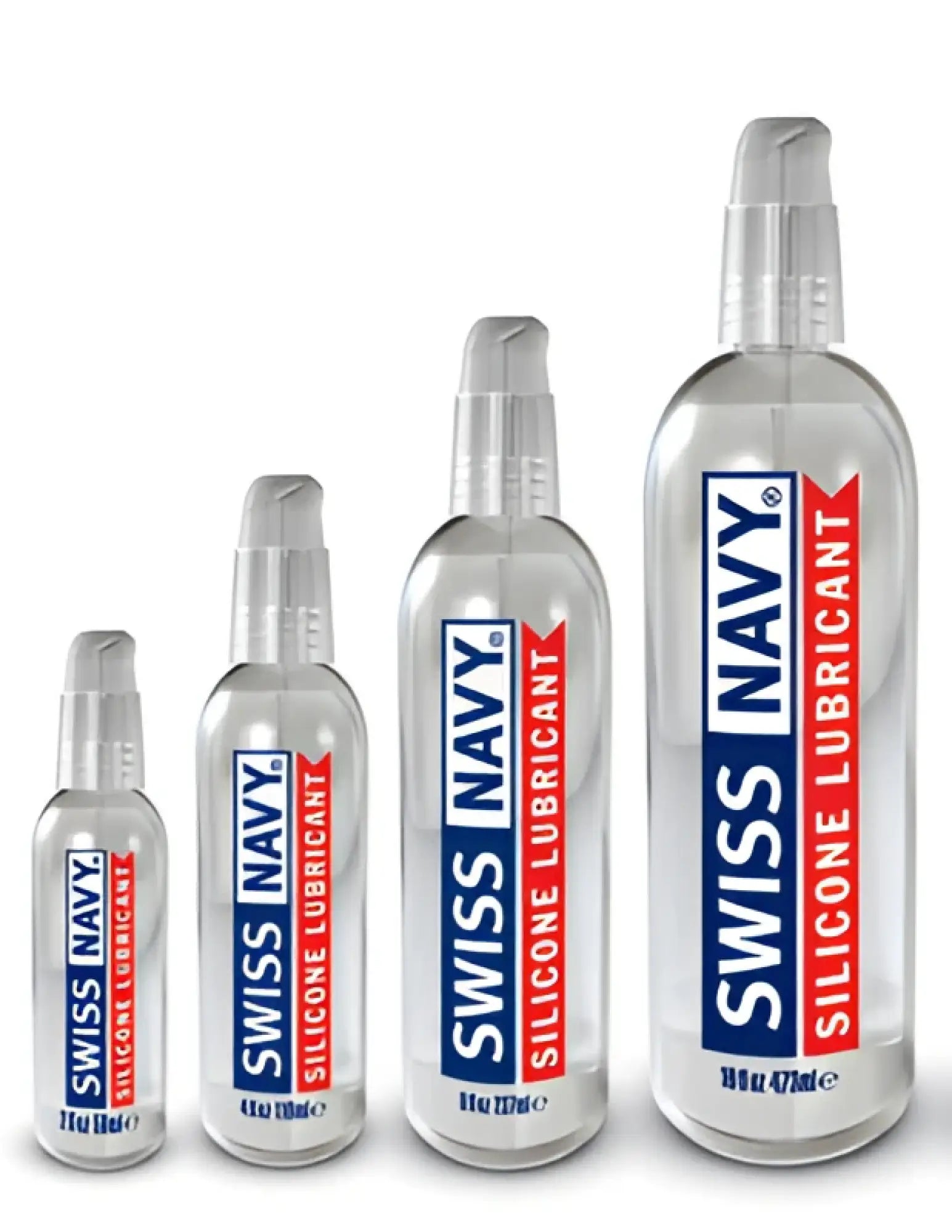 Clear glass bottles with silver spray nozzles and blue red labels of swiss navy silicone lubricant spray