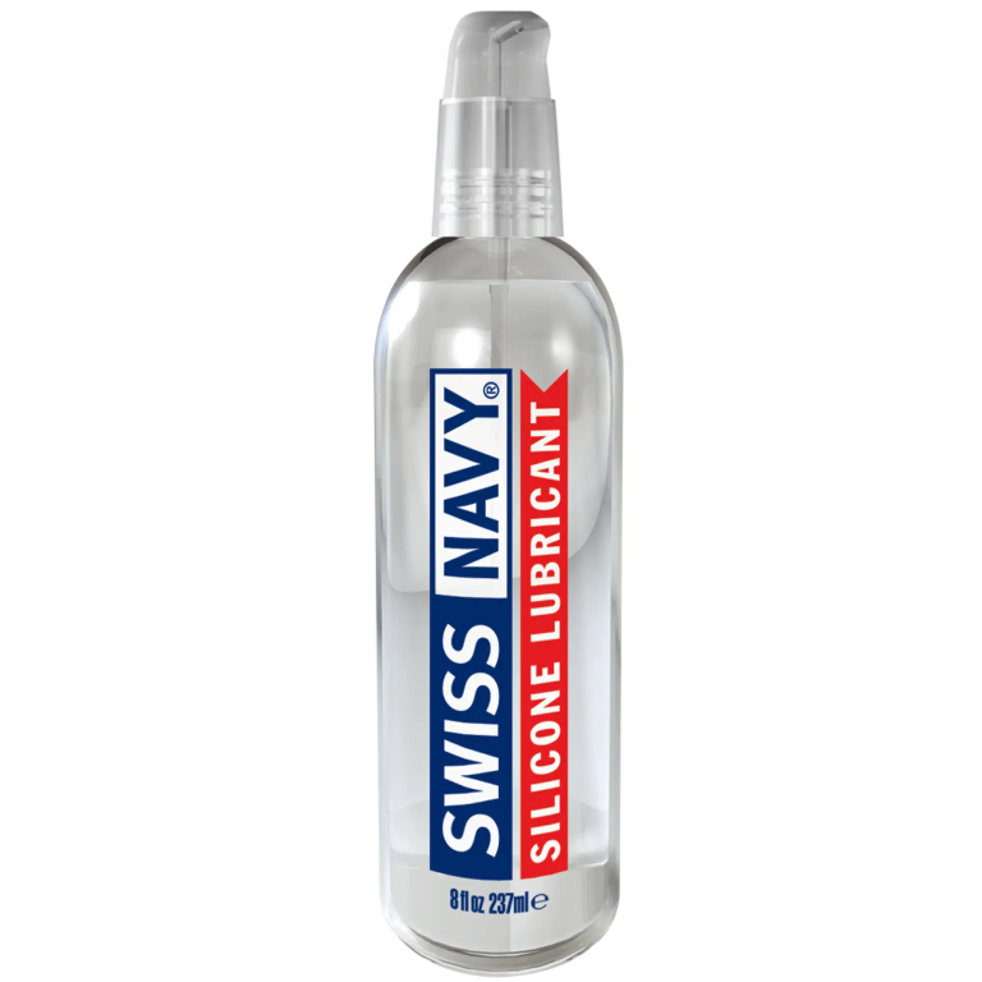 Clear plastic bottle of swiss navy silicone lubricant with blue and red label and transparent pump dispenser