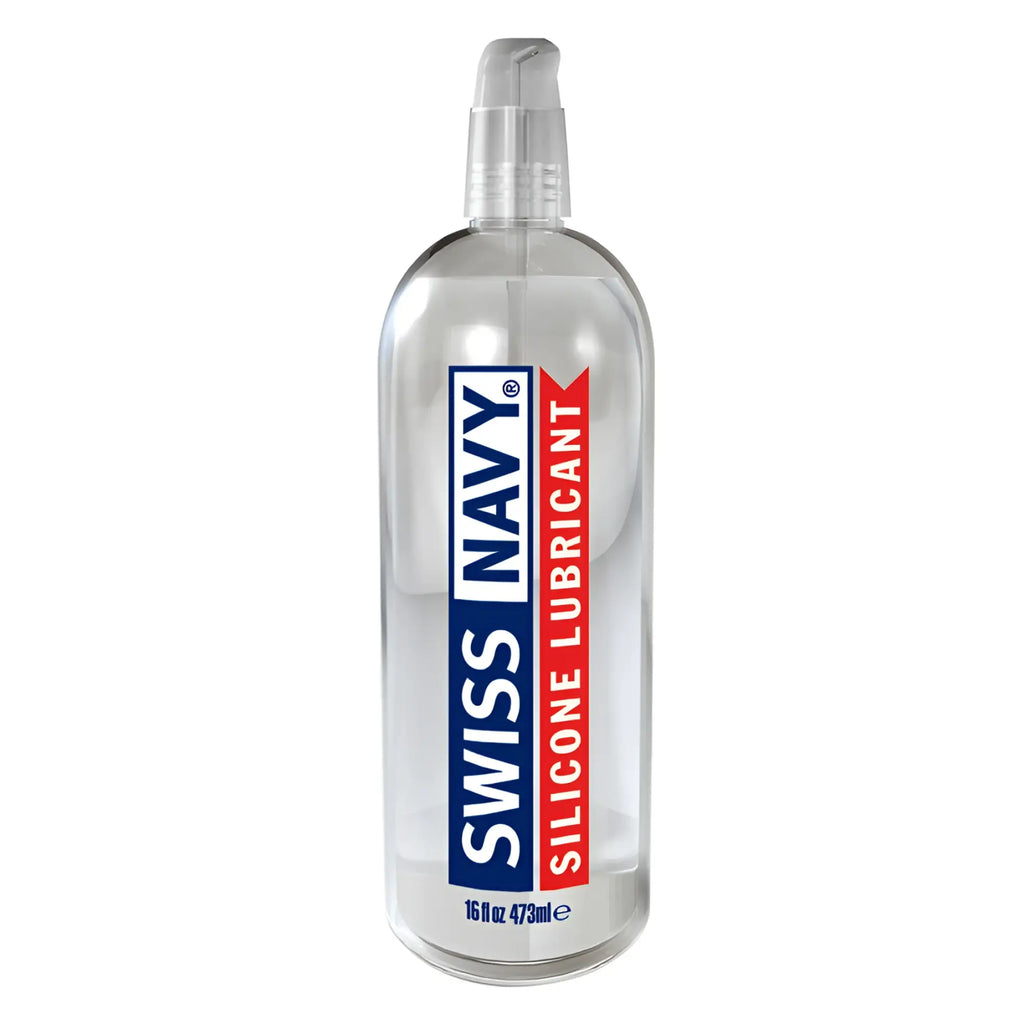 Clear plastic bottle with silver pump labeled swiss navy silicone lubricant in blue and red text for smooth application