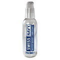Clear glass bottle of swiss navy water based lubricant with silver pump dispenser and blue label text