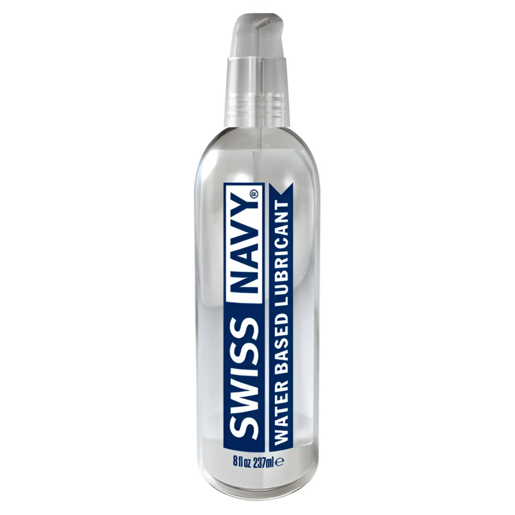 Clear plastic bottle with silver pump dispenser labeled swiss navy water-based lubricant in blue and white text