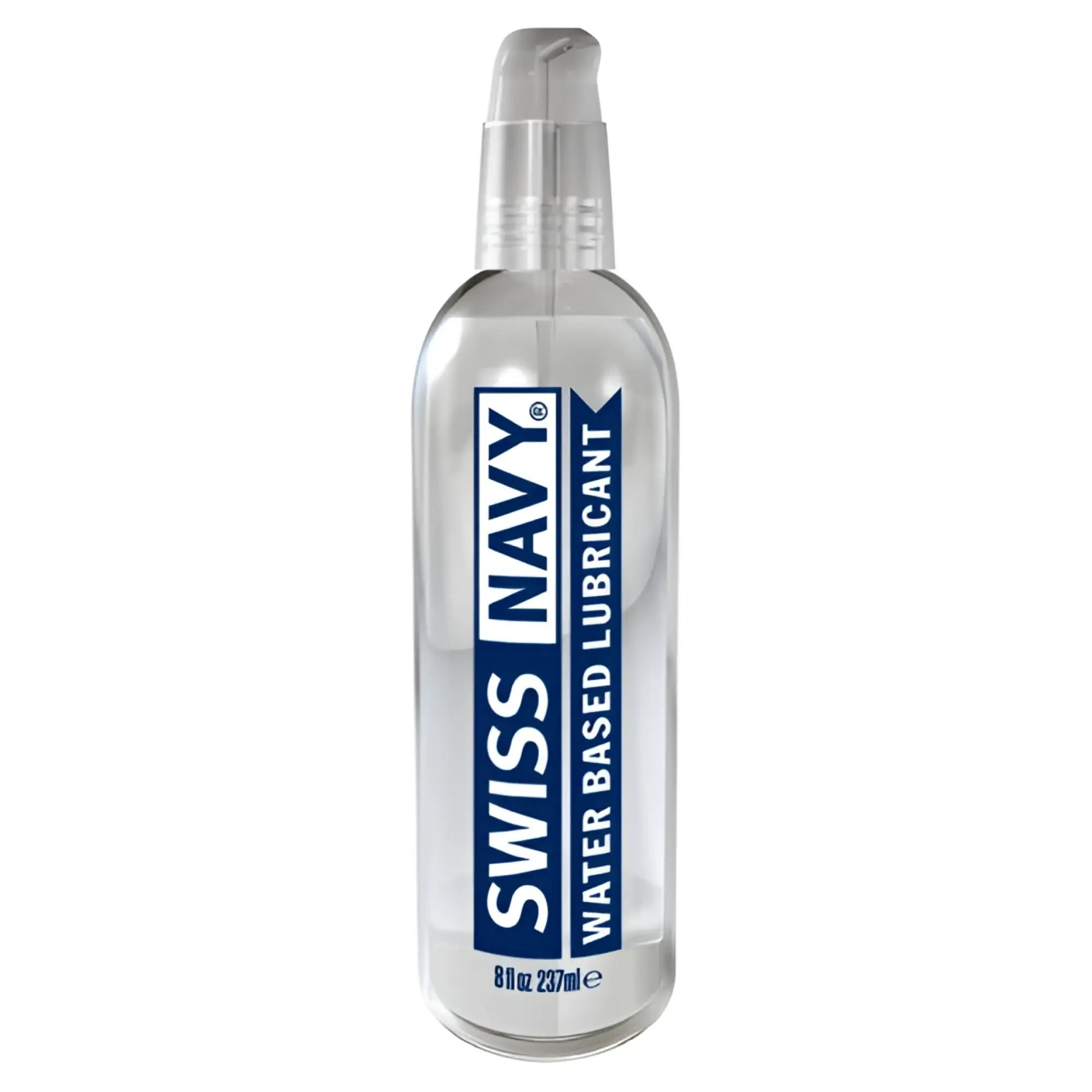 Clear plastic bottle with silver pump dispenser labeled swiss navy water-based lubricant in blue and white text
