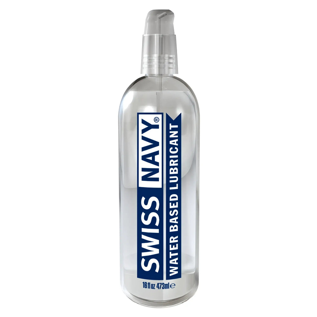 Clear plastic bottle with transparent pump labeled swiss navy water based lubricant in bold blue and white on navy banner