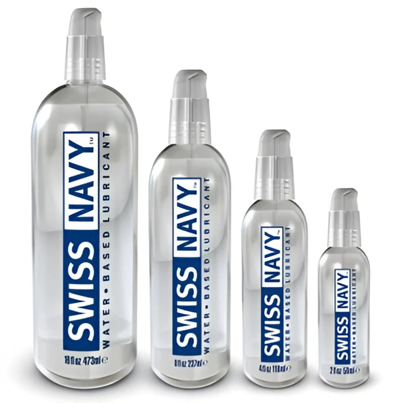 Swiss navy water-based lubricant bottles in clear glass with silver pumps and blue labels in four sizes