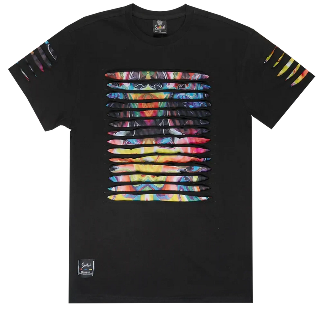 Black Switch Thrashed tee with vibrant multicolored abstract horizontal stripes on chest and colorful sleeve accents