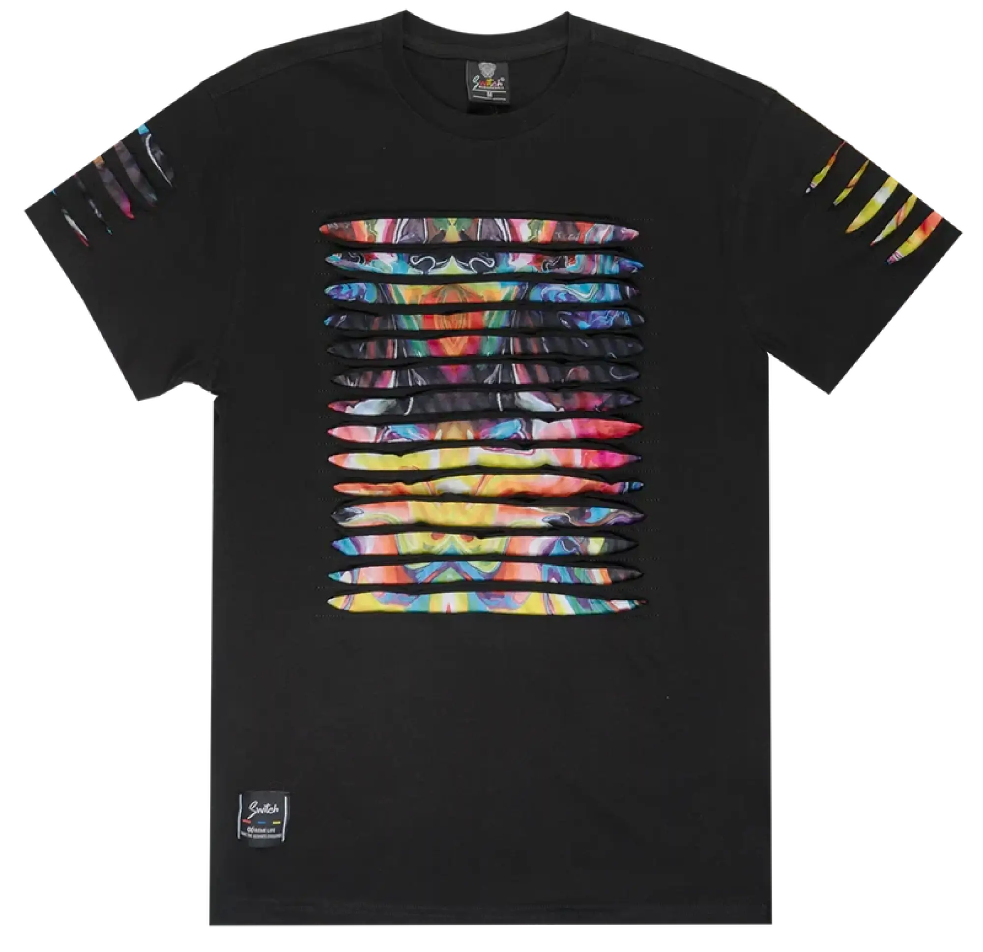 Black Switch Thrashed tee with vibrant multicolored abstract horizontal stripes on chest and colorful sleeve accents