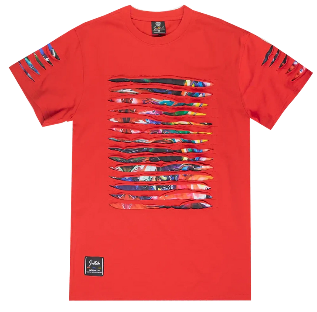 Vibrant red switch thrashed tee with bold multi-colored abstract horizontal stripes and ripped sleeve accents