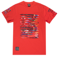 Vibrant red switch thrashed tee with bold multi-colored abstract horizontal stripes and ripped sleeve accents