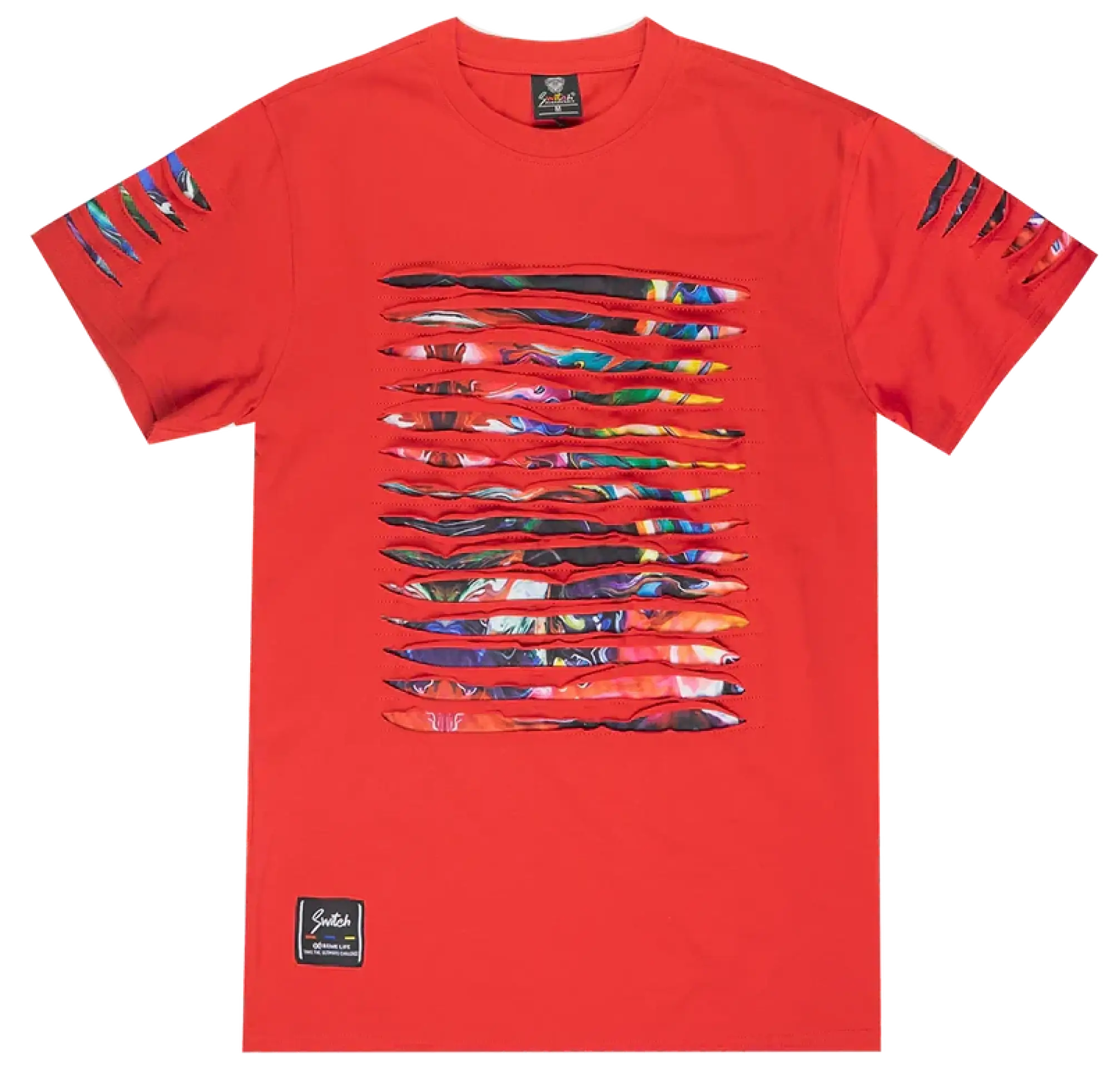 Vibrant red switch thrashed tee with bold multi-colored abstract horizontal stripes and ripped sleeve accents