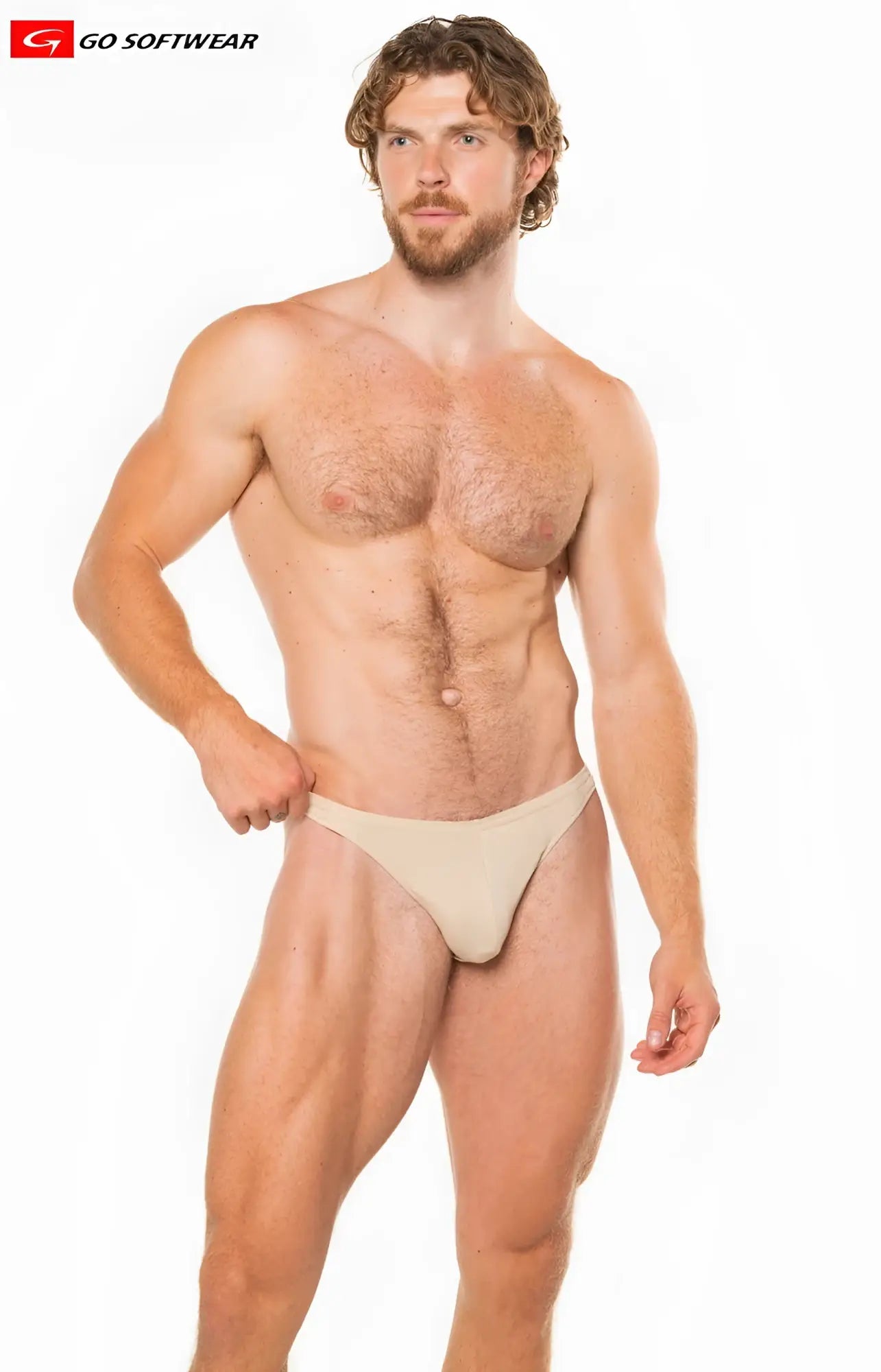Beige t-back thong briefs made of go softwear fabric showing the back side of the product