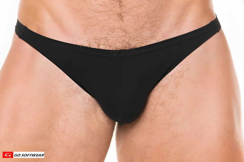 Black seamless soft fabric t-back thong briefs showing the back side for comfortable everyday wear