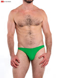 Bright green t-back thong made of smooth form-fitting fabric showing the back side of the briefs