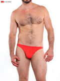 Bright red t-back thong made of smooth form-fitting fabric shown from the back side