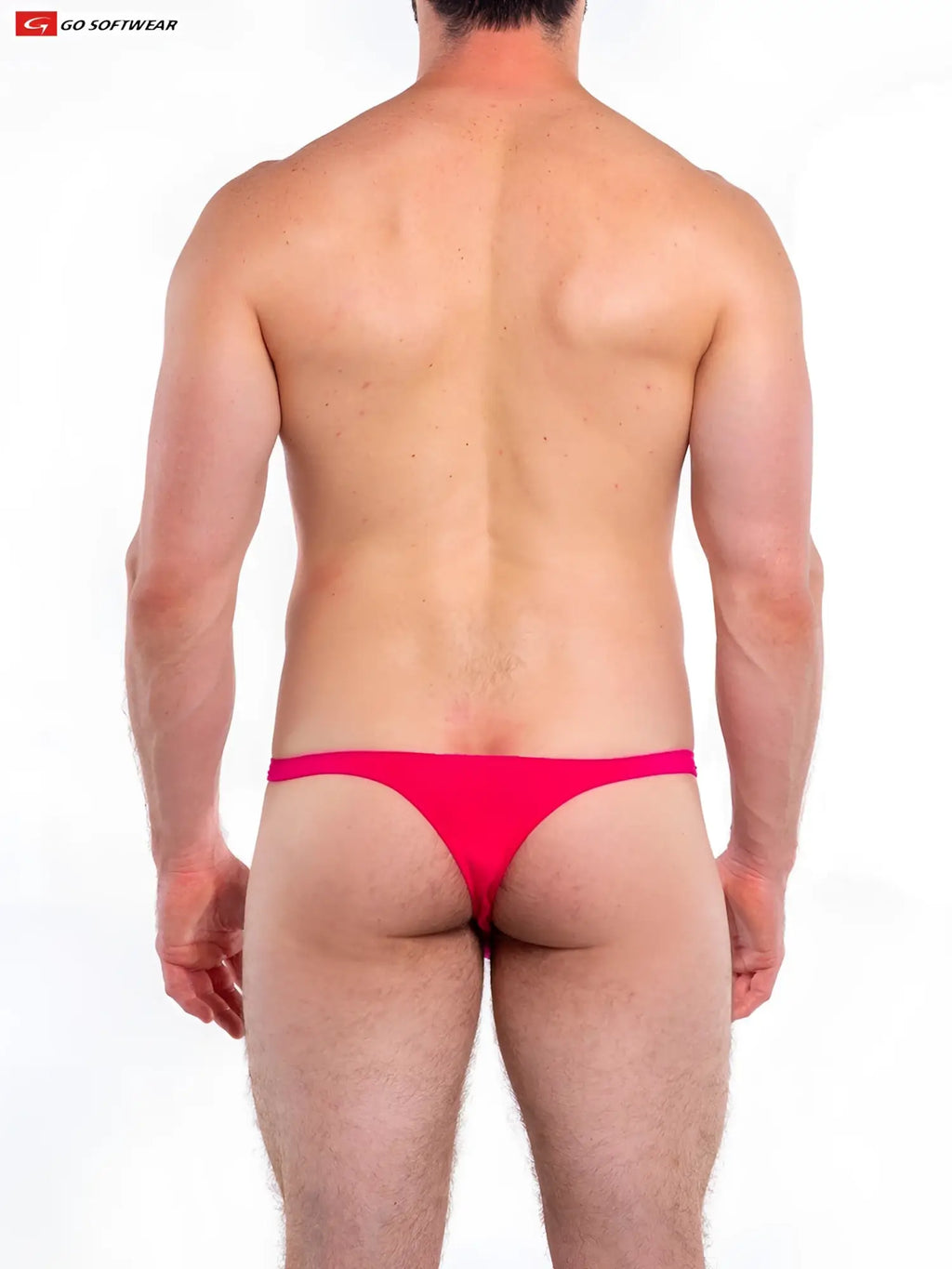 Bright red t-back thong made of soft fabric shown from the back with a form-fitting design