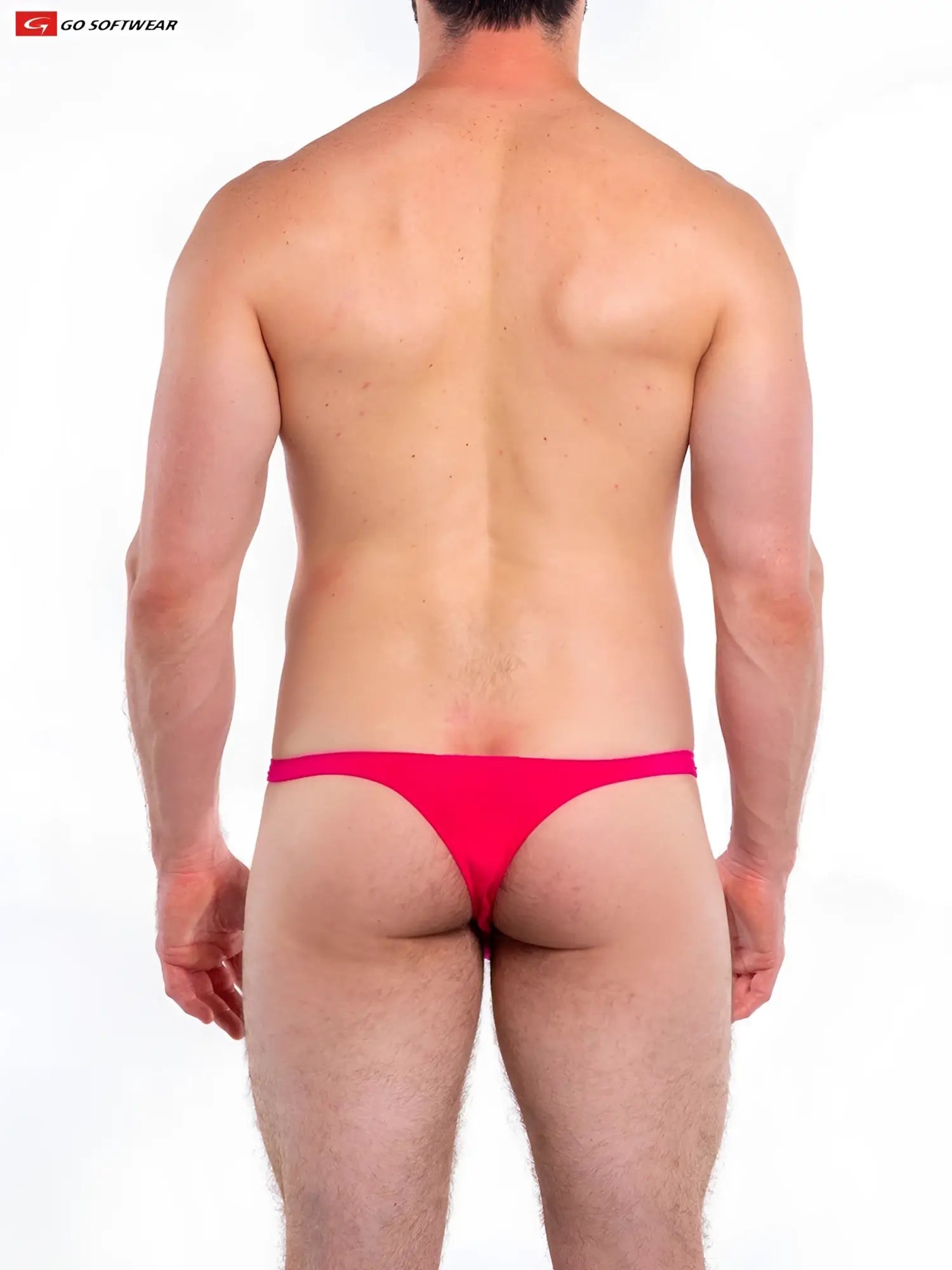 Bright red t-back thong made of soft fabric shown from the back with a form-fitting design