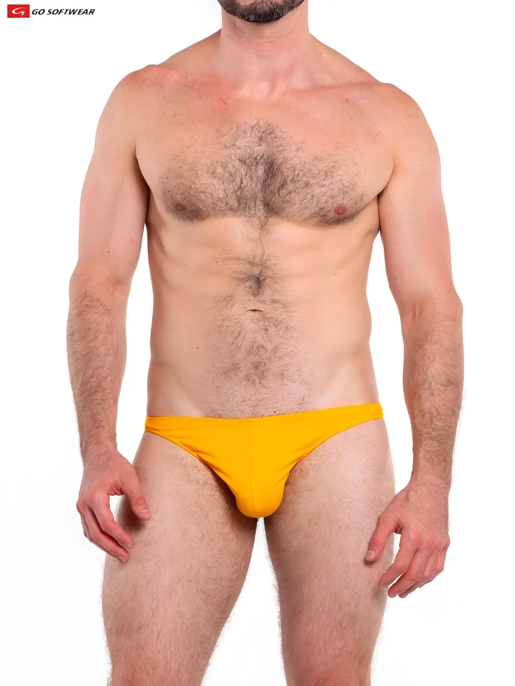 Bright yellow t-back thong swim trunks with form-fitting design and smooth fabric finish shown from the back side