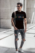 Black short-sleeved t-shirt by t-shirt monkey with colorful classic video game characters graphic design