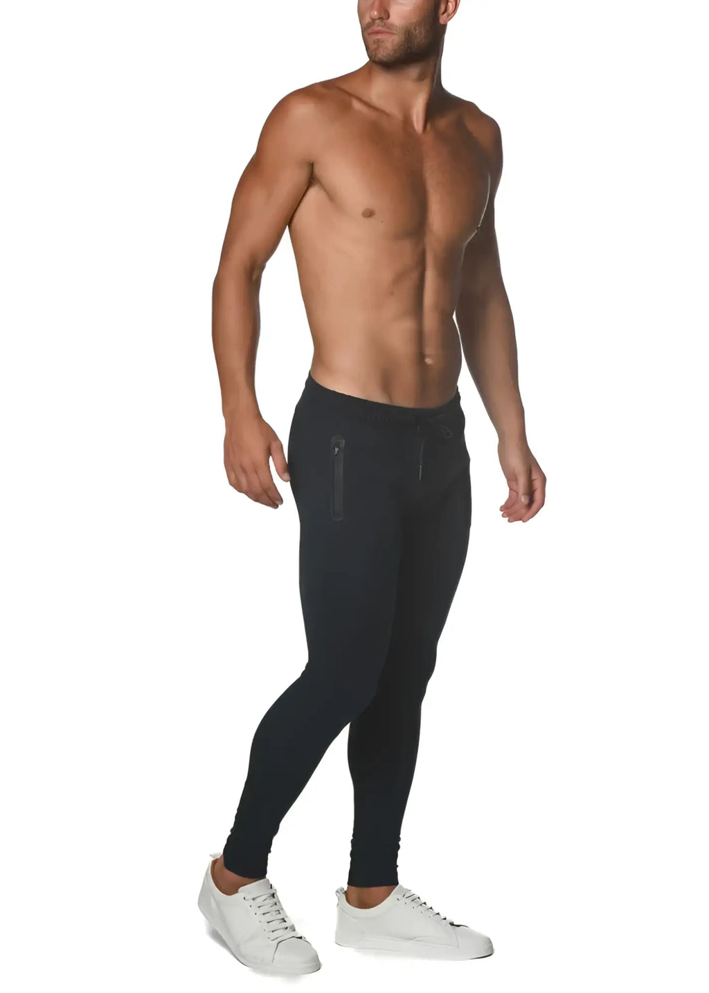 Black tactical gym-tech stretch slim jogger with drawstring waist and side zippers for athletic use