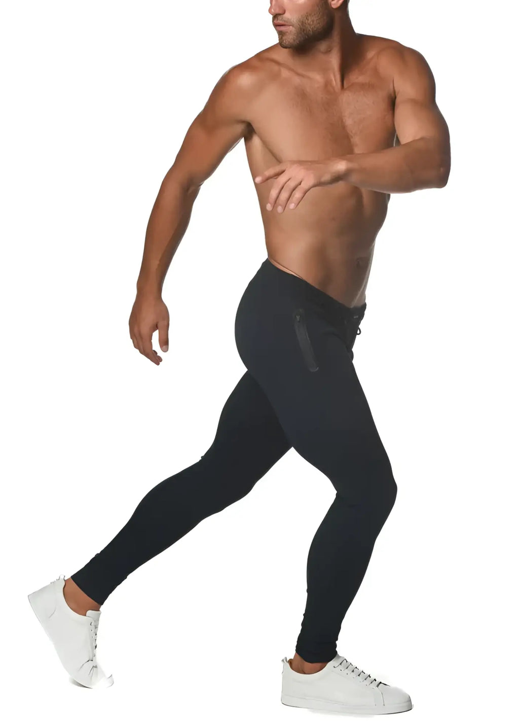 Black tactical gym-tech stretch slim jogger leggings with drawstring waist and side zipper pockets
