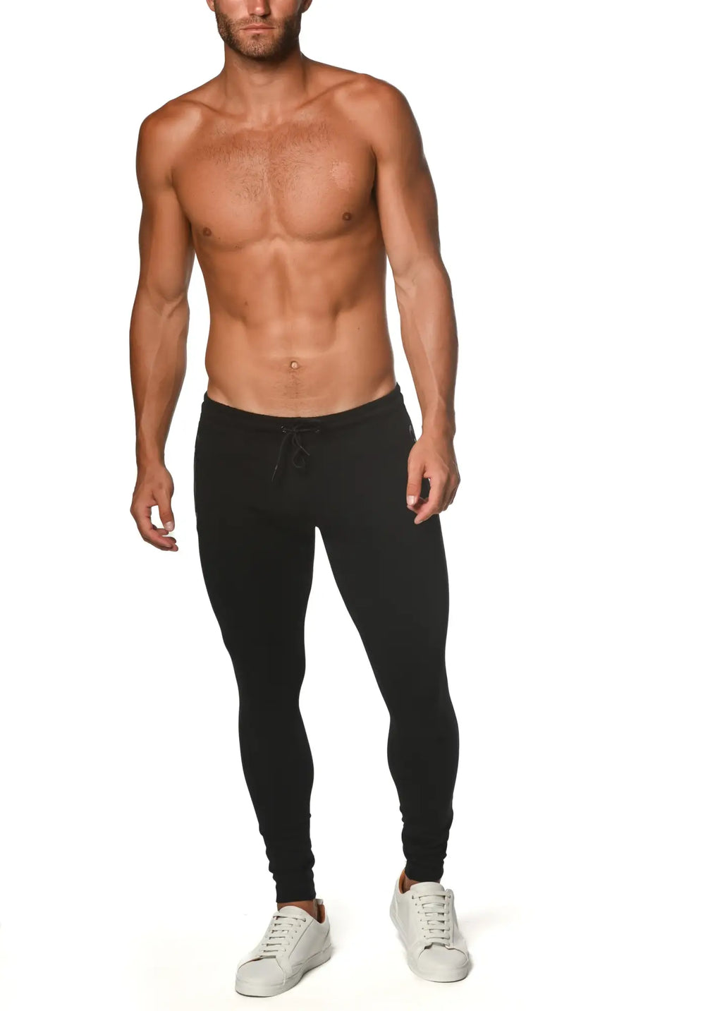 Black tactical gym-tech stretch slim jogger leggings with a form-fitting design and drawstring waistband