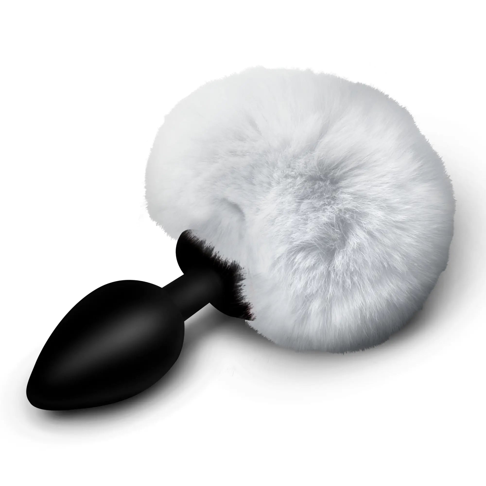 Tailz Fluffy Bunny Tail Silicone Plug: a sleek black silicone plug attached to a large, soft, round white faux-fur tail.