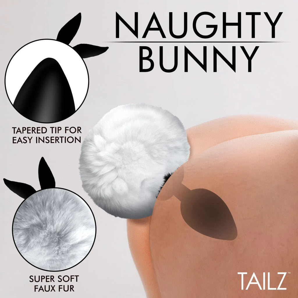 Tailz Fluffy Bunny Tail Silicone Plug features a white faux fur tail, tapered tip, and soft design for easy use.