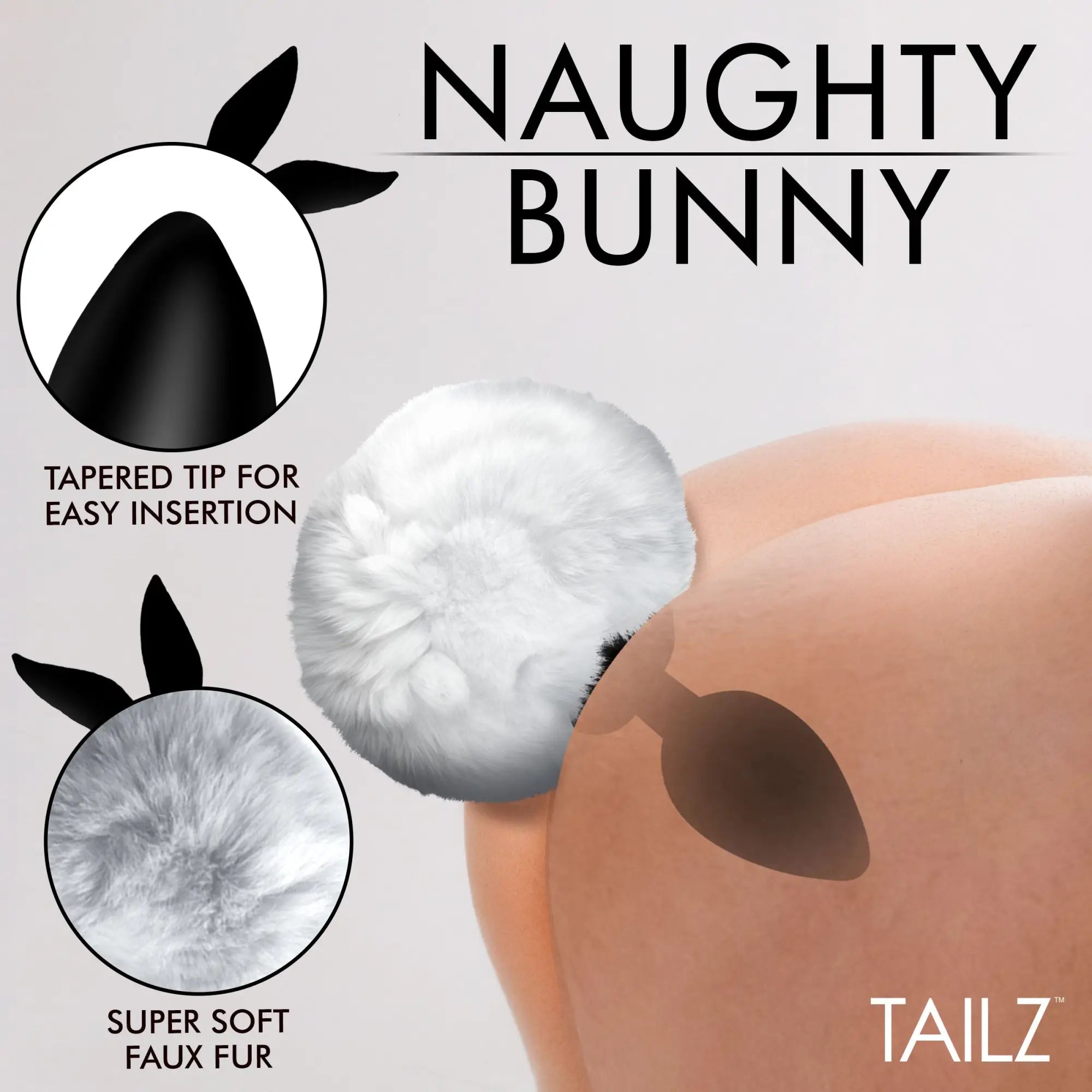 Tailz Fluffy Bunny Tail Silicone Plug features a white faux fur tail, tapered tip, and soft design for easy use.
