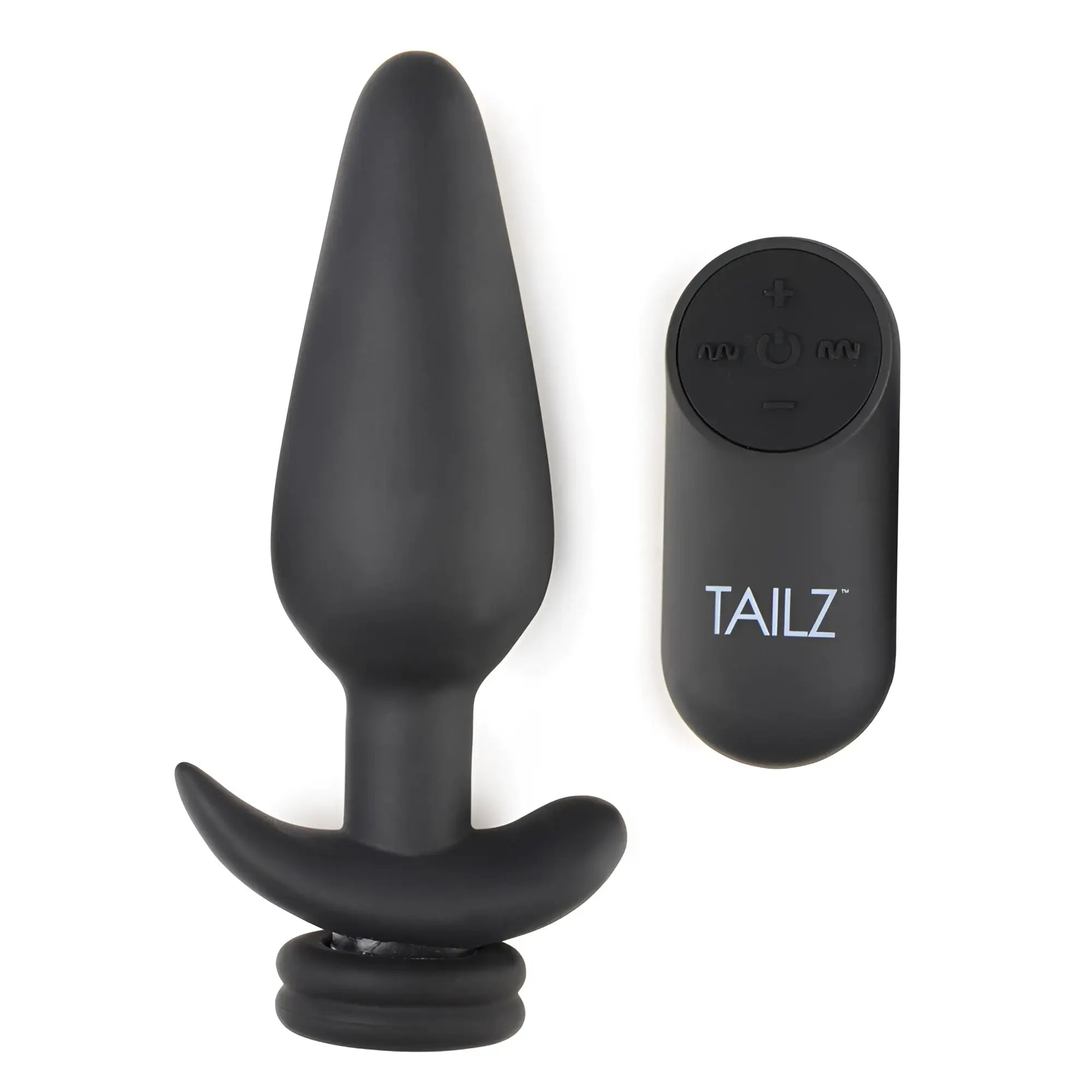 Black Tailz silicone anal plug with a T-bar base, paired with a matching remote control on a white background.