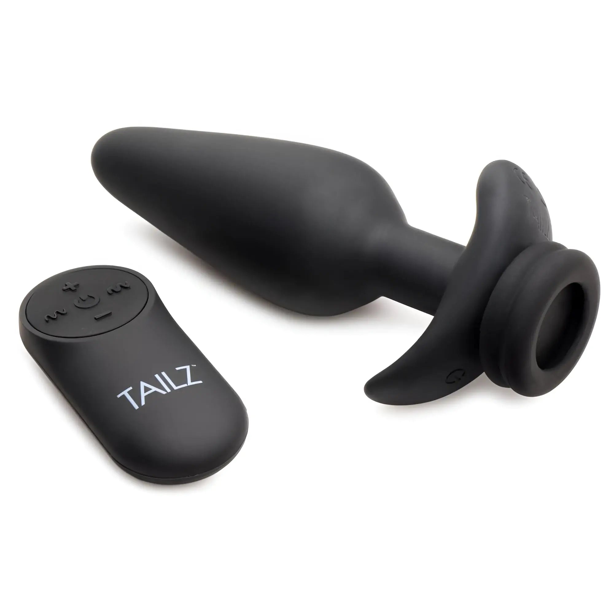 Tailz black silicone vibrating anal plug with a curved base and matching remote control, isolated on a white background.
