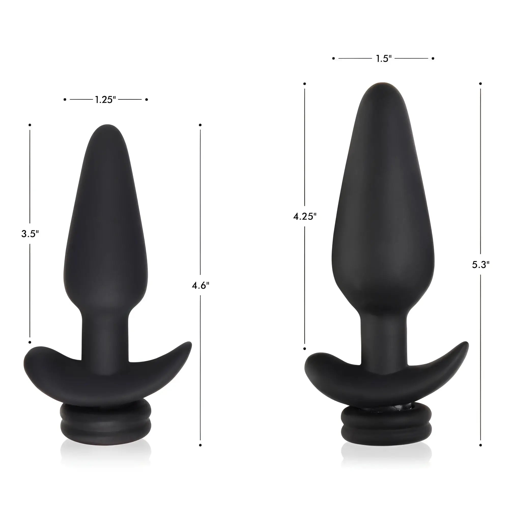Tailz Interchangeable vibrating silicone anal plugs in black, shown in two sizes with dimension labels.
