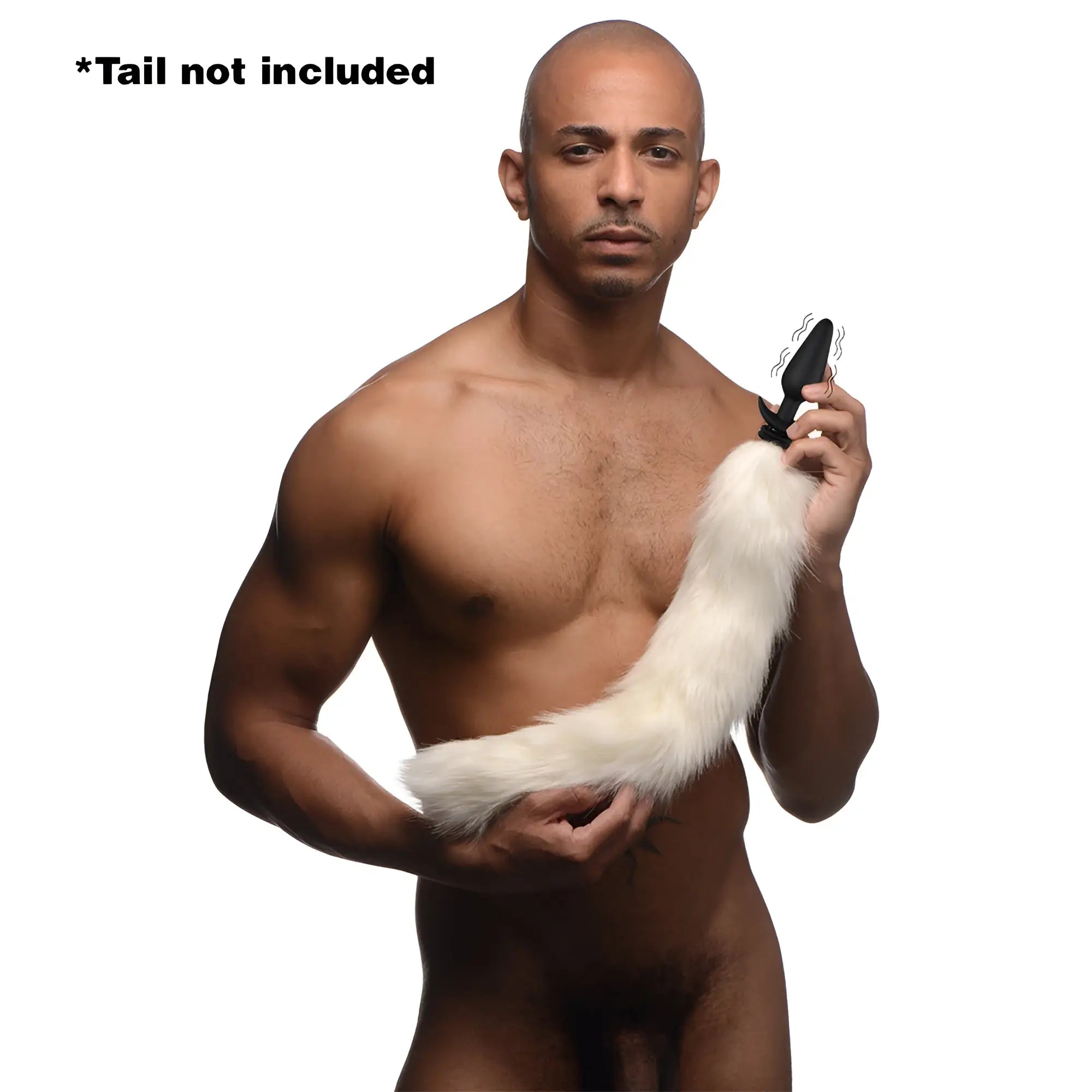 A man holds a black Tailz vibrating silicone anal plug attached to a white faux fur tail. Text says "Tail not included."