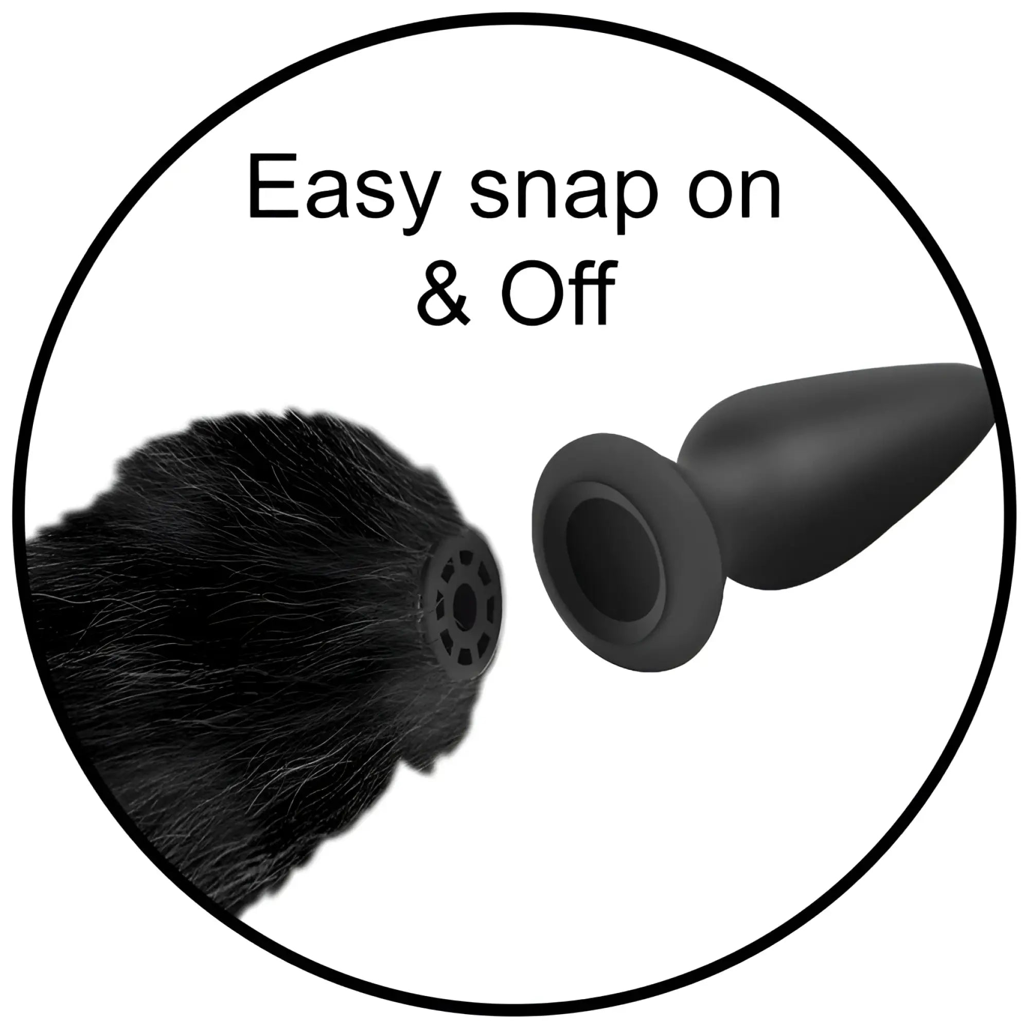 Tailz black faux fur interchangeable fox tail with a snap-on base connector, demonstrating easy assembly.