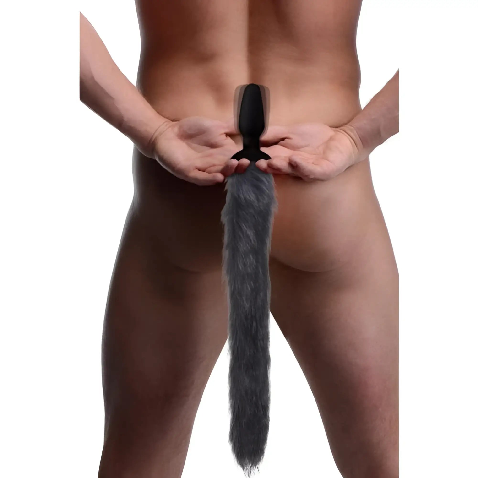 Tailz remote control vibrating anal plug with a long, fluffy grey faux fur fox tail, worn by a man from behind.