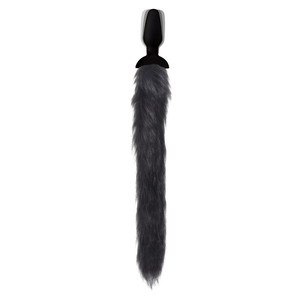 Tailz remote control vibrating anal plug with a soft, long, grey faux-fur fox tail attached to a smooth black base.