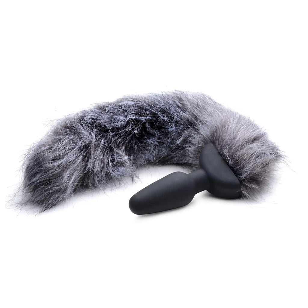 Tailz Remote Control Vibrating Fox Tail Anal Plug with a black silicone plug and fluffy, grey faux-fur tail.