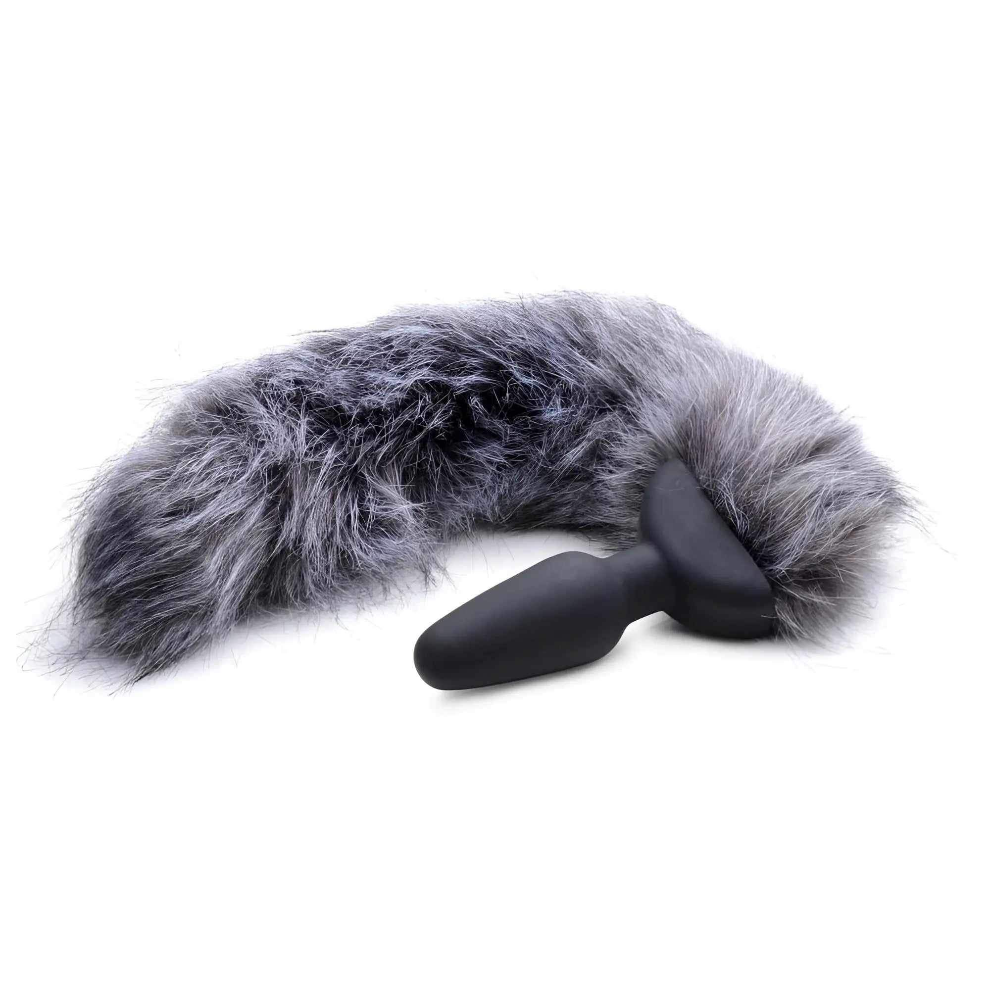 Tailz Remote Control Vibrating Fox Tail Anal Plug with a black silicone plug and fluffy, grey faux-fur tail.