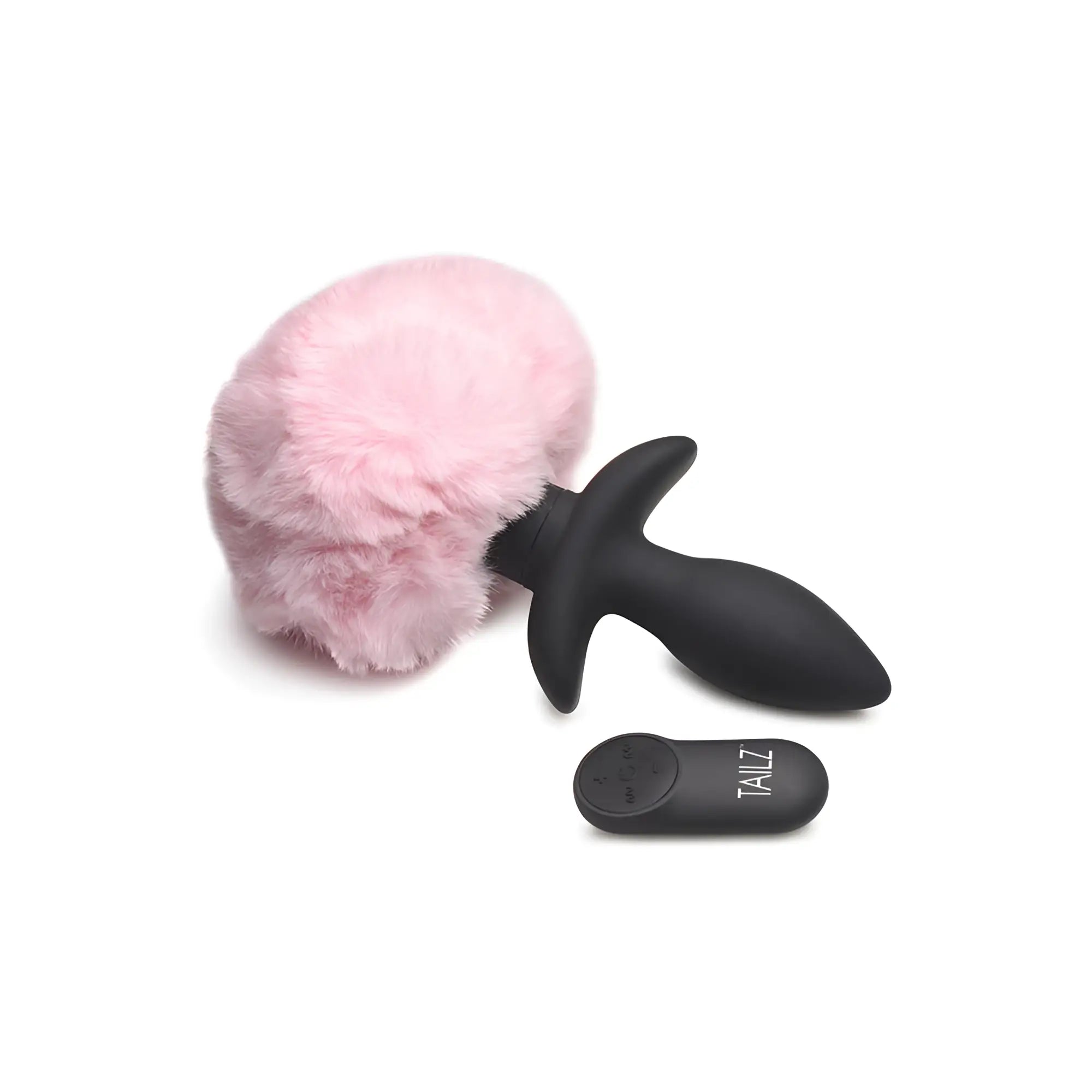 Tailz Remote Control Wagging Bunny Tail: A black silicone anal plug with a fluffy pink tail and matching remote.