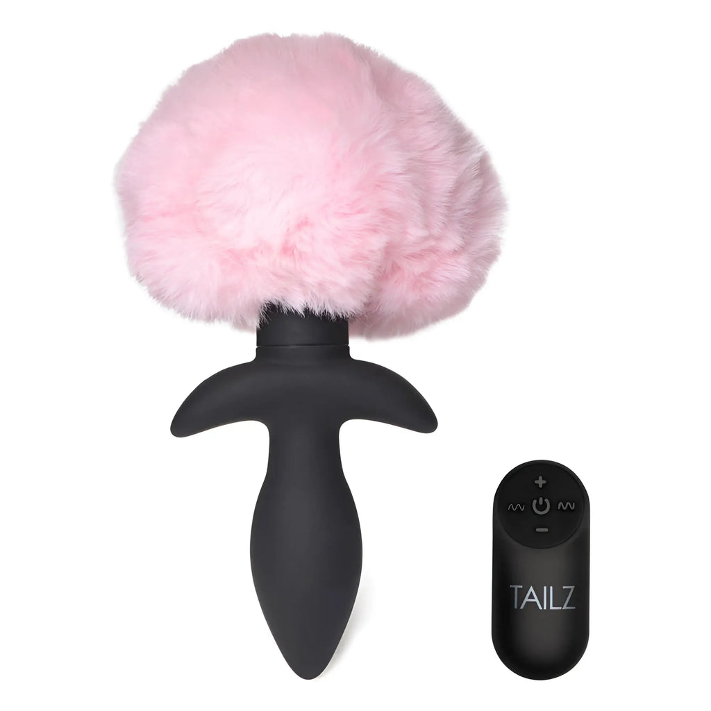 Tailz remote-controlled black anal plug with a fluffy pink bunny tail and matching handheld remote control.