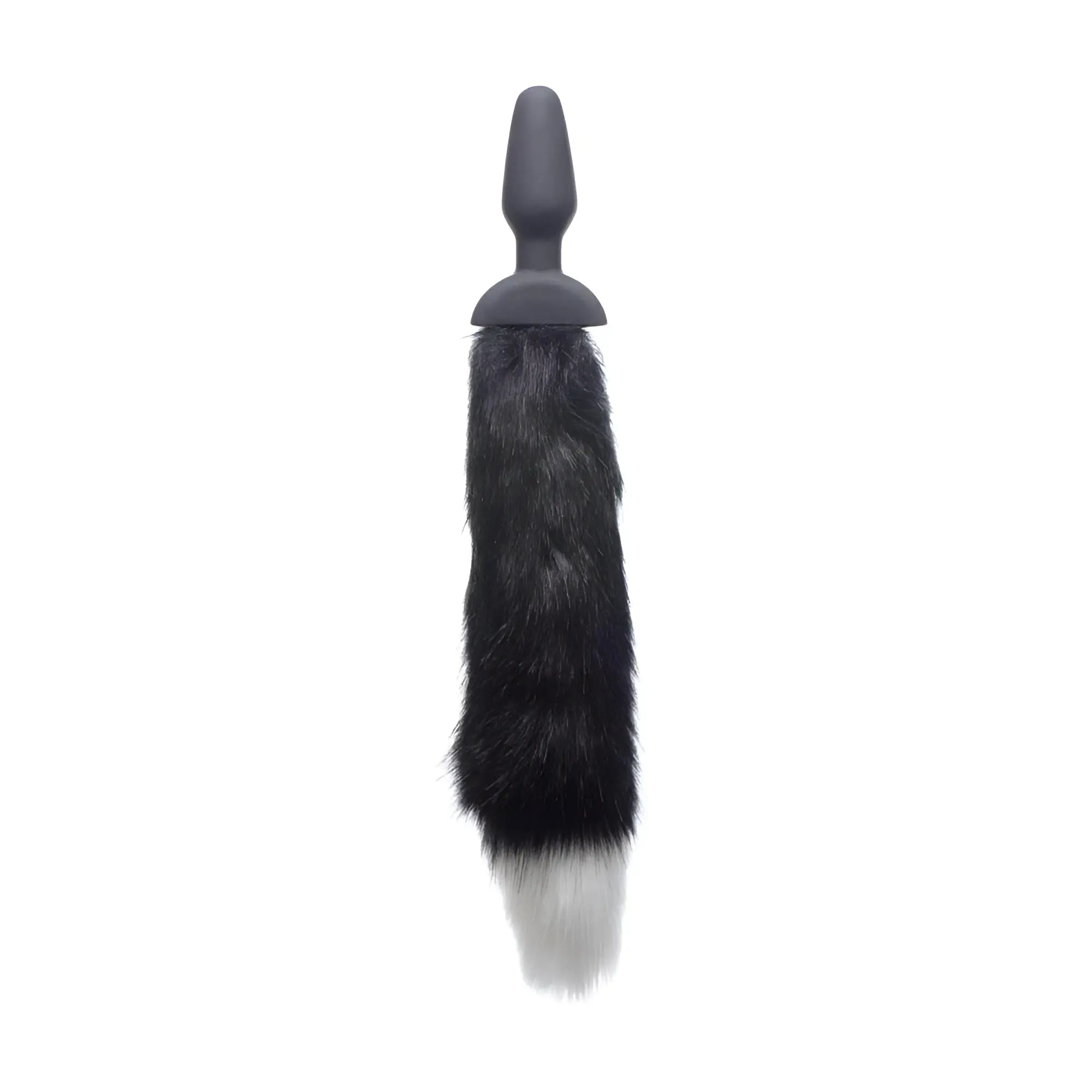 Tailz Remote Control Wagging Fox Tail, featuring a grey silicone anal plug and a plush black and white faux fur tail.