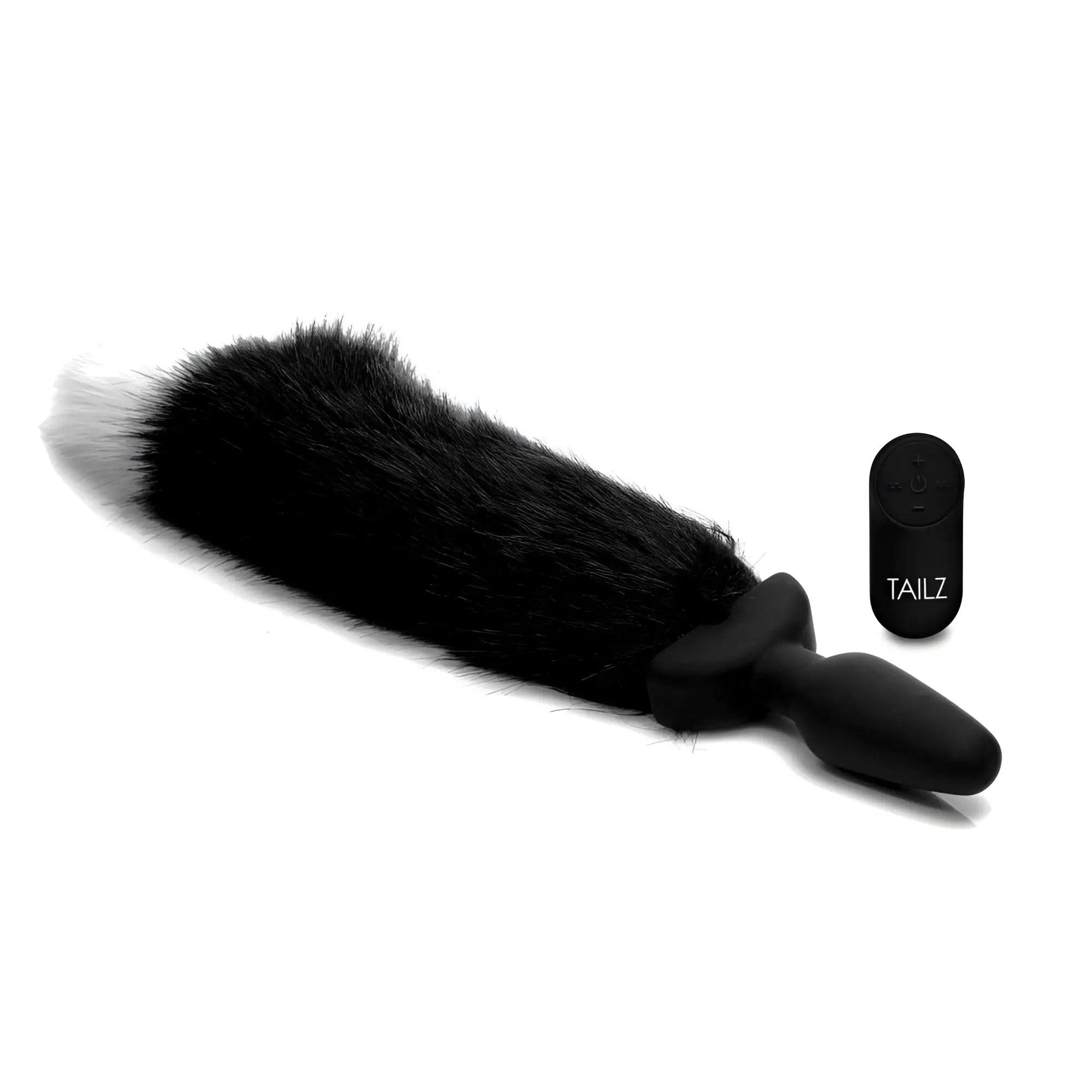 Tailz remote control black faux-fur wagging fox tail with silicone anal plug base and matching black remote.