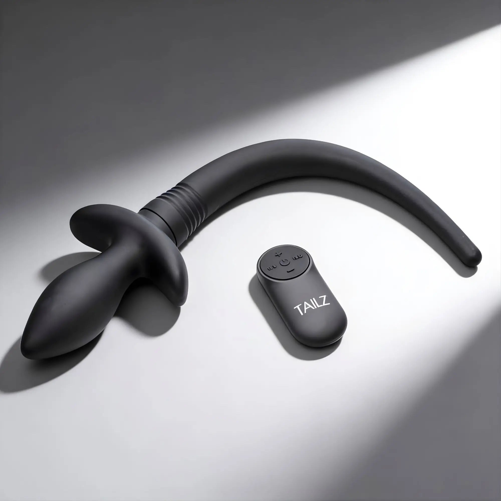 Black Tailz remote-controlled vibrating puppy tail anal plug with matching handheld remote on a white surface.