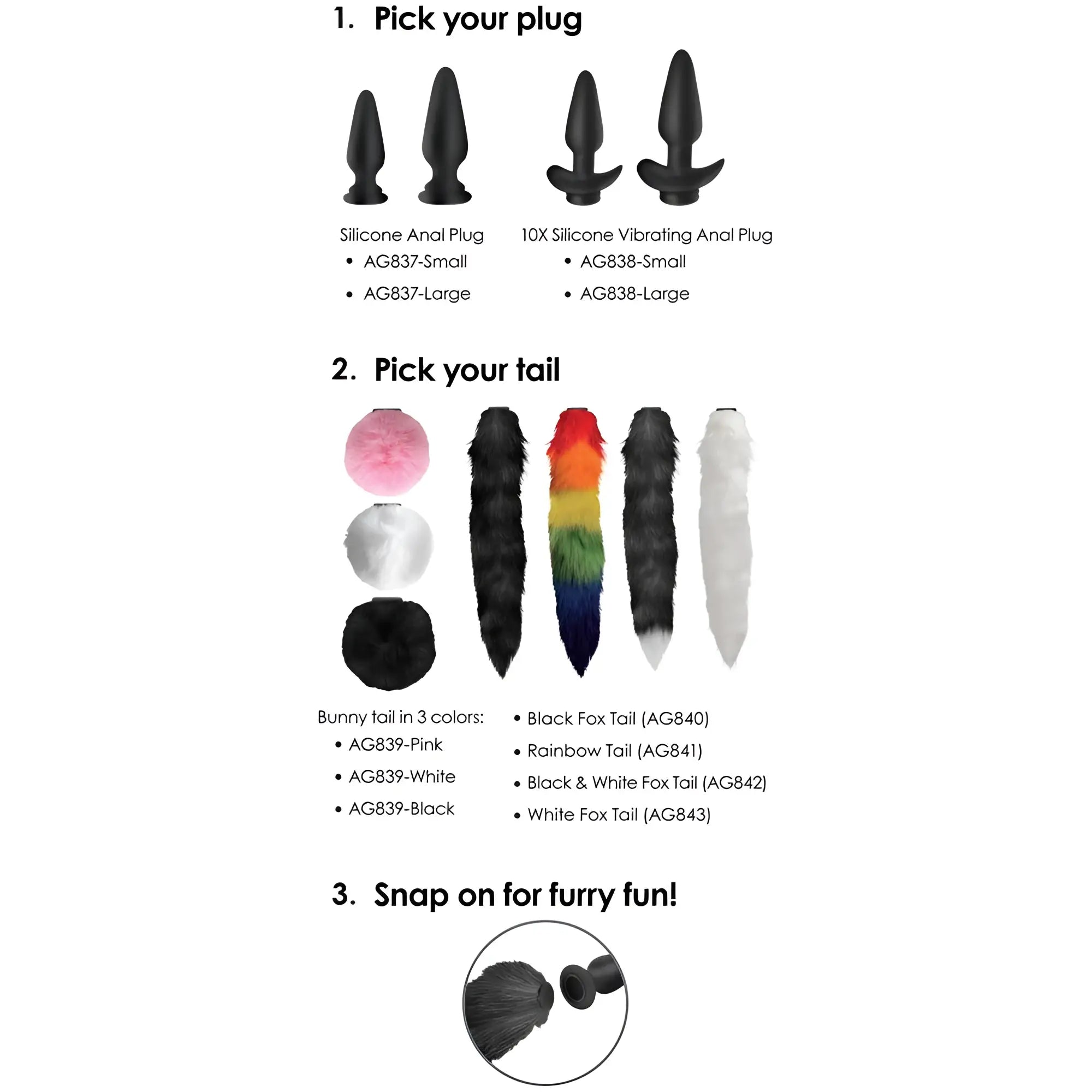 Tailz product guide showing black silicone anal plugs, various colored bunny/fox tails, and a snap-on attachment demo.
